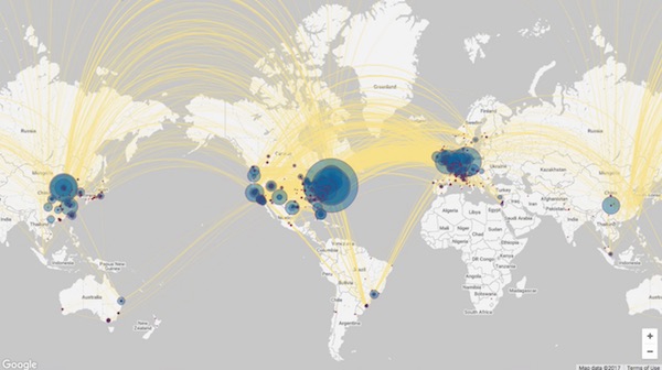 map of coauthorship of PubMed publications using FCP/INDI data