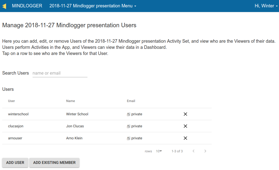 manage Users for '2018-11-27 MindLogger presentation' Activity Set Manager Winter School